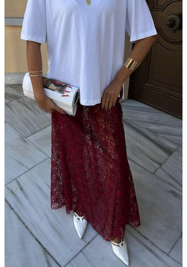 Crimson Grace Kadın Bordo Dantel Maxi Etek Şık Yazlık Tasarım Bordo