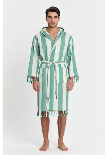 Erkek Striped Peştemal Bornoz %100 Pamuk Plaj Bornoz Yeşil