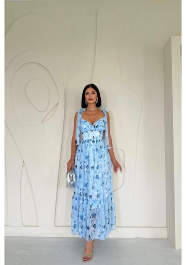 Mavi Şifon Drapeli Elbise Mavi