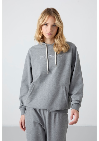 Tommy Life Gri Melanj Kapüşonlu Kanguru Cep Oversize Lastik Paça Kadın Eşofman Takımı - 95288 GRİ MELANJ
