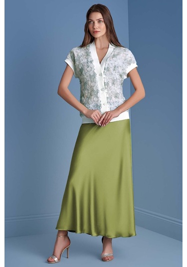 Evaze Yeşil Saten Etek Yeşil
