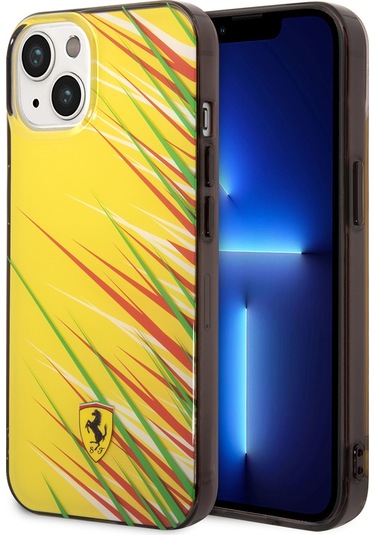 İphone Uyumlu 14 Kılıf Ferrari Lisanslı Baskı Logolu Çimen Desenli Kapak Sarı