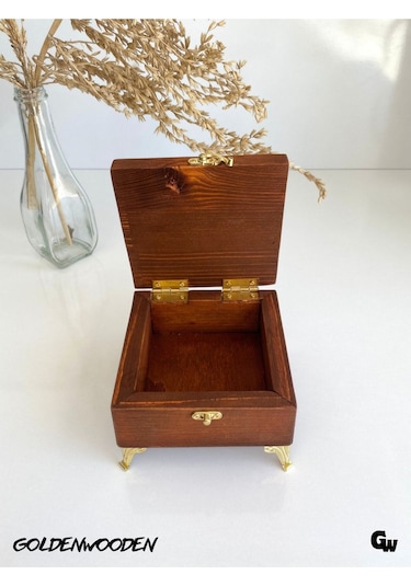 Doğal Ahşap Takı Kutusu Ahşap Saklama Kutusu Ceviz Beyaz Çam Boy:12cm En:12cm Yük:8,5cm