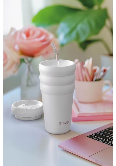 Stevig 3 Bubble Two-cap Straw Tumbler Çelik Termos 600 Ml White Stone St-249 Beyaz