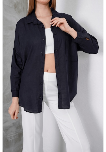Paw Garage Kadın London Keten Tek Cepli Oversize Gömlek, Premium Kalite Keten Gömlek Siyah