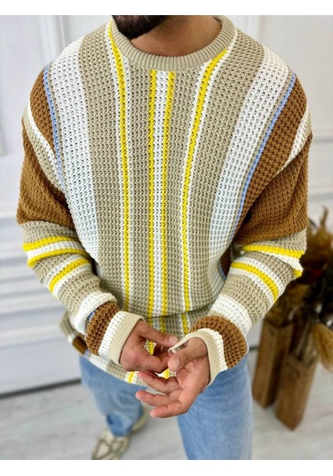 Kazak Oversize Renkli Örgü Desenli Naturel Pamuk Bol Kesim Salaş Triko Kazak Kahverengi