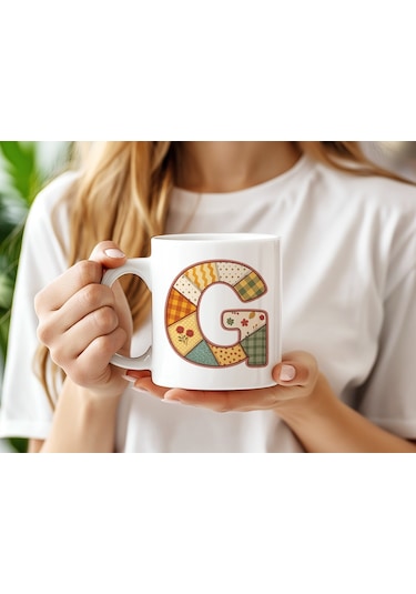 G Harfi Sonbahar Kış Temalı Yamalı Tasarım Kupa Bardak - Etnik Ve Pathwork Severlere Özel Hediye Beyaz