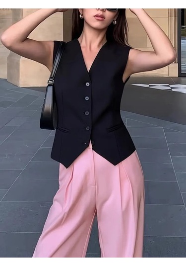 Sensuelle Kadın Sıfır Kollu Önden Düğmeli Atlas Yelek Siyah