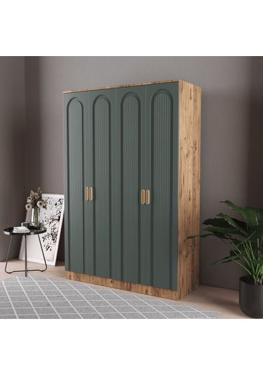 Mila 4 Kapaklı Eko Bazalı Gardırop - Mdf Kapak Yeşil