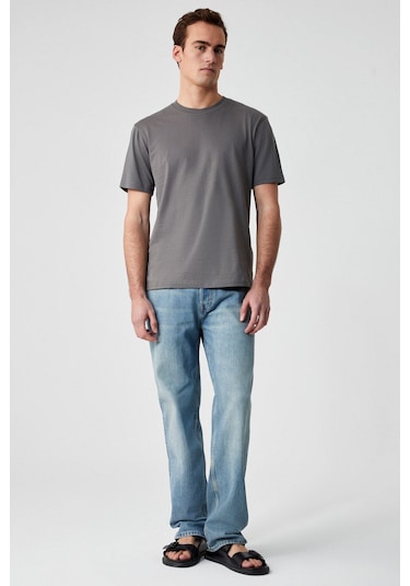 GRIMELANGE Solo Erkek %100 Organik Pamuklu Kalın Dokulu Comfort Fit Bisiklet Yakalı Gri T-shirt Gri