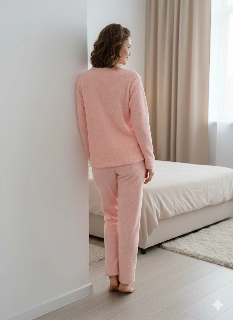 Kadın Kışlık Polar Pijama Takımı Pudra