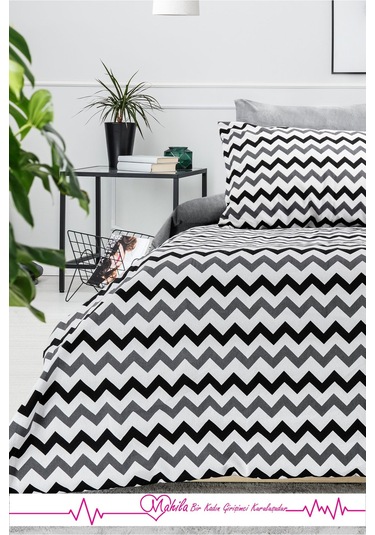 Battal Boy Lüks Pamuklu Nevresim Seti Beyaz Zikzak Desen Çok Renkli