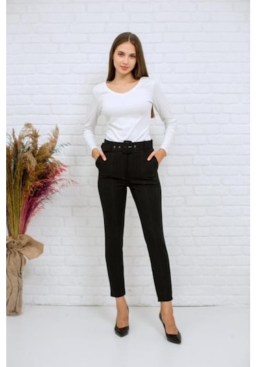 Bluence Beli Kemerli Siyah Dar Paça Pantolon Siyah