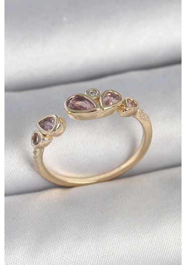 Pirinç Gold Renk Pembe Damla Zirkon Taşlı Ayarlanabilir Kadın Yüzük - Ebj250501w33629 Bakır
