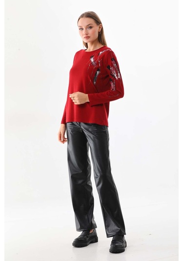 Sistas Kadın Desenli Bisiklet Yaka Uzun Kol Bluz 23598 Bordo