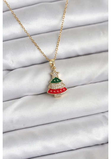 Zarif Boyunlar İçin Golden Çelik Ren Çam Ağacı Zirkonlu Yılbaşı Tema Kadın Kolye Metalik