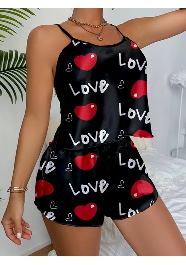 Aşk Temalı Kalp Desenli Siyah Saten Şortlu Gecelik Takım Siyah
