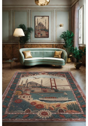 Homshtag Şehirlerde İstanbul Dijital Baskılı Şehir Temalı Halı Çok Renkli