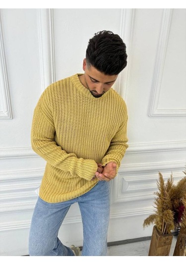 Kazak Oversize Çift Kat Zincir Örgü Naturel Pamuk Bol Kesim Tüylenmez Triko Kazak Hardal