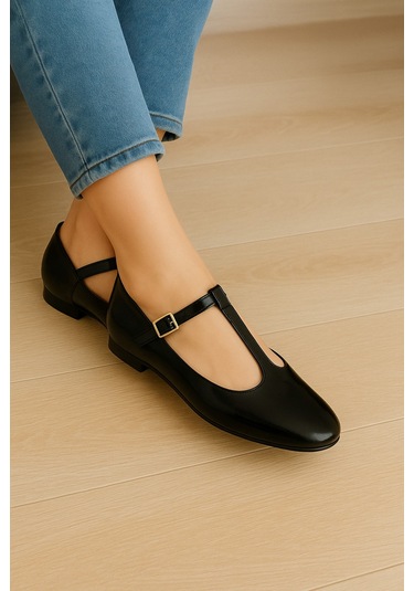 Siyah Süet T-strap Mary Jane Tasarım Babet Siyah Rugan