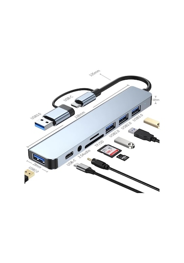 8 İn 1 Usb Type-c Usb 2.0/3.0 Audio 3.5 Tf Sd Çevirici Adaptör