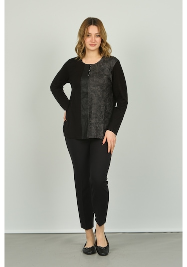 Detay Triko Kadın Suni Deri Detaylı Ve Desenli Uzun Kol Bluz 4553 Siyah Gri Gri - Siyah