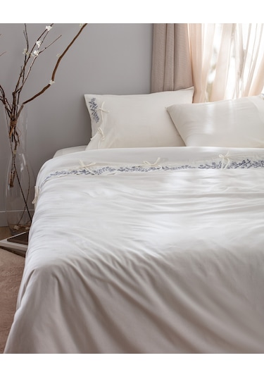 Madame Coco Relief King Size %100 Pamuk Bağlamalı Nevresim Takımı - Ekru/lacivert Çok Renkli