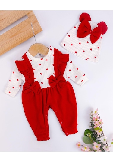 Aykor Tekstil Kız Bebek Tulum Set Fiyonklu Krmızı