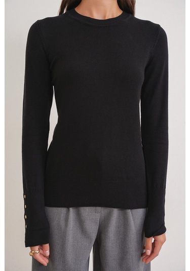 6736 Kadın Bisiklet Yaka Kolu Droplu Triko Kazak Siyah Siyah