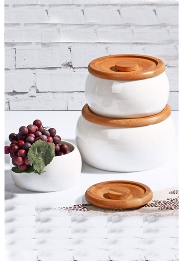 Porselen Bambu Kapaklı 3 lü Saklama Kabı