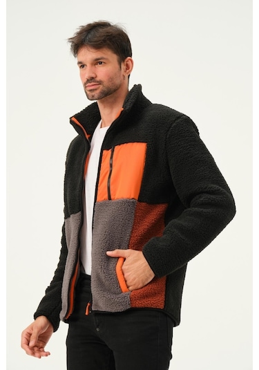 Erkek Dik Yaka Parçalı Polar Ceket Siyah