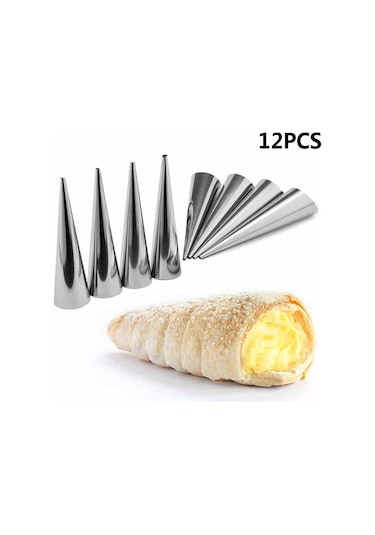 12 Adet Konik Boru Koni Rulo Kalıpları Paslanmaz Çelik Spiral Kruvasan Kalıpları Pasta Kremalı Boynuz Kek 8.7 2.5cm