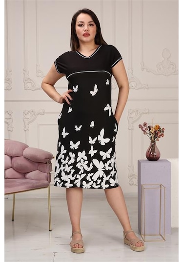 Dip Moda Kadın Cepli Büyük Beden Viskon Elbise Dpmaysl23 Siyah