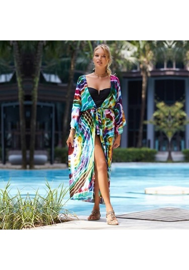 Edolynsa Yeşil Leopar Desenli Mayo Cover-up Vintage Şerit Kendinden Kemerli Kadın Yaz Uzun Kimono Elbise Plaj Bikini Cover-up Q1521 Mor