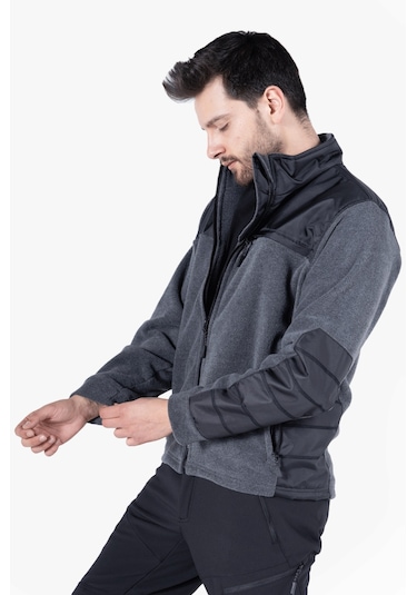 Omuz Ve Dirsek Takviyeli Polar Ceket Gri Melanj - Siyah