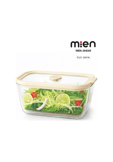 Mien 2620 Ml Sızdırmaz Kapaklı Cam Saklama Kabı - Krem Krem - Şeffaf