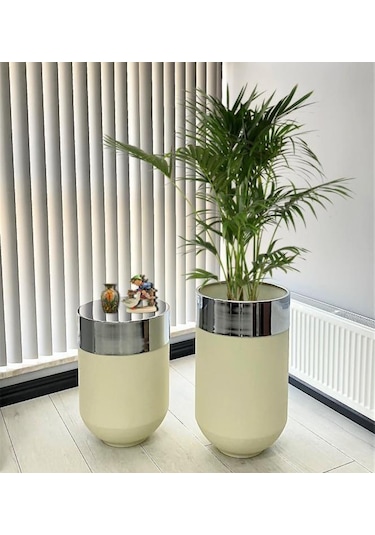 Dekoratif Krom Darbuka Beyaz Saksı 70cm + Sehpa 60cm İkili Set