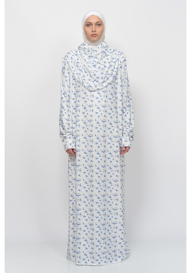 Pratik Tek Parça Çiçek Desenli Kollu Tak Çıkar Başörtülü Likralı Tesettür Namaz Elbisesi 990-0201 Mavi Antrasit