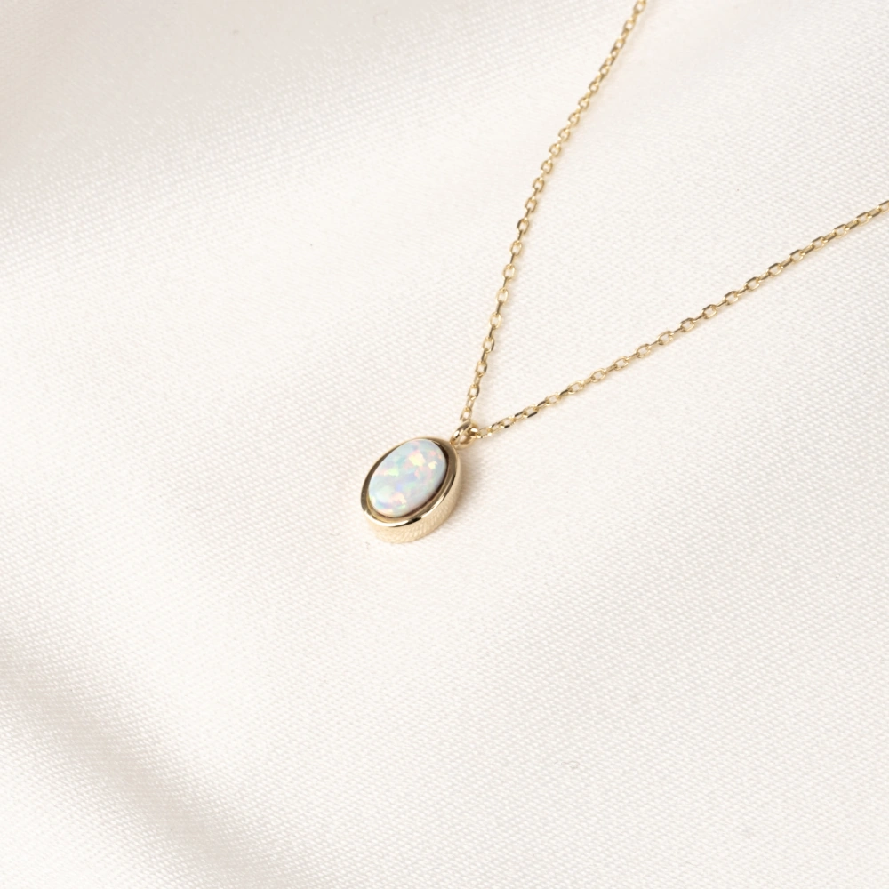 Gümüş Kolye - Opal Oval Taşlı 925 Ayar Gümüş Kolye Sarı