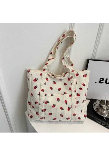 Dancemonkey Kadife Çanta Çilek Tasarım Plaj Çantası Moda Çok Yönlü Omuz Çantası Büyük Kapasiteli Basit Banliyö Kadın Çantası Bolsos Açık Taba - Koyu Bej Açık Taba - Koyu Bej