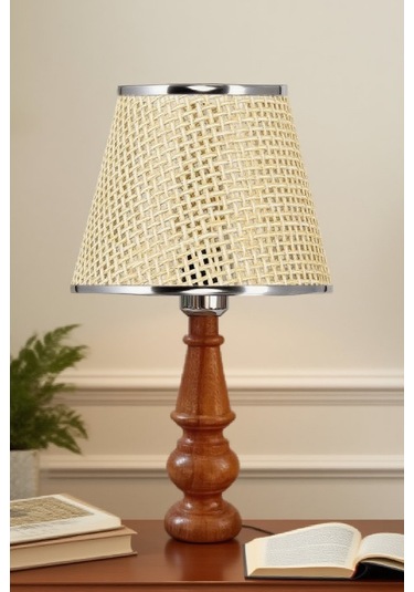Ahşap Gövdeli Kumaş Başlıklı Dekoratif Abajur Masa Lambası Aydınlatma Lamba Bej