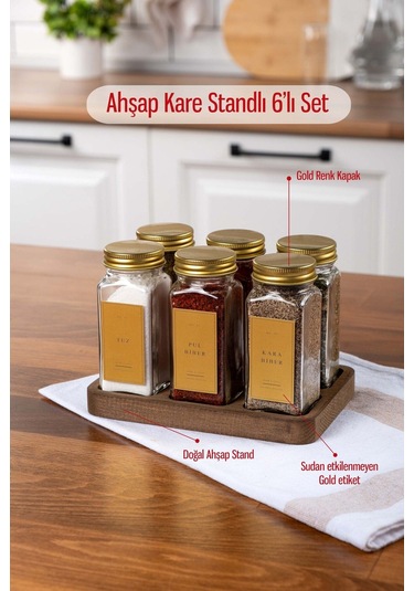 6'lı Kare Ahşap Standlı Baharatlık Gold Kapaklı-etiketli Cam Baharatlık Seti Mh01gld06k Gold - Şeffaf