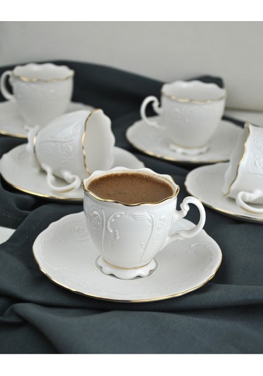 6 Kişilik Porselen Kahve Fincanı Seti Gold Yaldızlı Kahve Fincan Takımı- Amor 90ml Beyaz