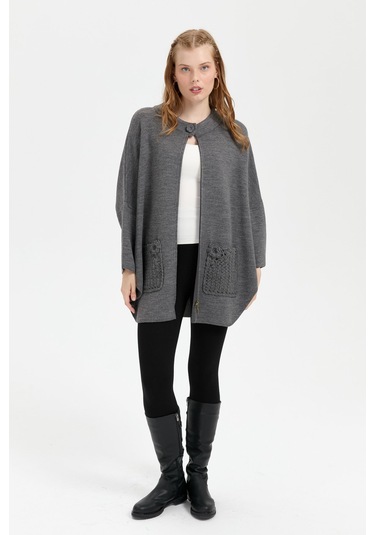 Kadın Dik Yaka Cebi Gül İşlemeli Fermuarlı Kısa Panço Gri Melanj Gri Melanj