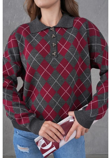 Kadın Polo Yaka Yarım Pat Düğme Detay Desenli Oversize Triko Kazak Antrasit