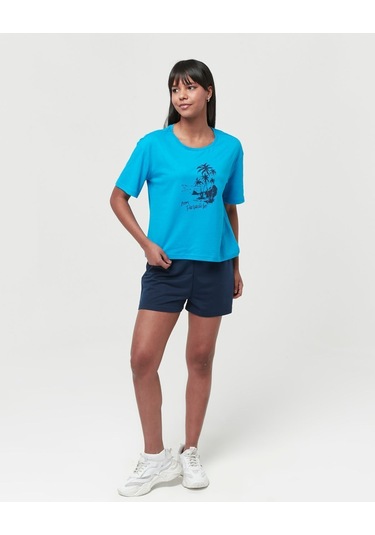 Bella Dossi Pamuklu Kısa Kollu Baskılı Kadın Şortlu Pijama Takımı Mavi