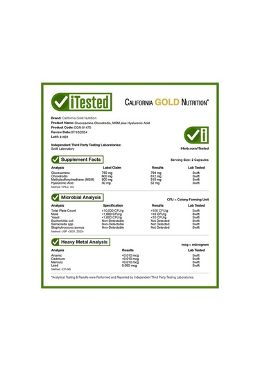 California Gold Nutrition, Glucosamine Chondroitin, Msm Plus Hyaluronic Acid, 60 Veggie Kapsül