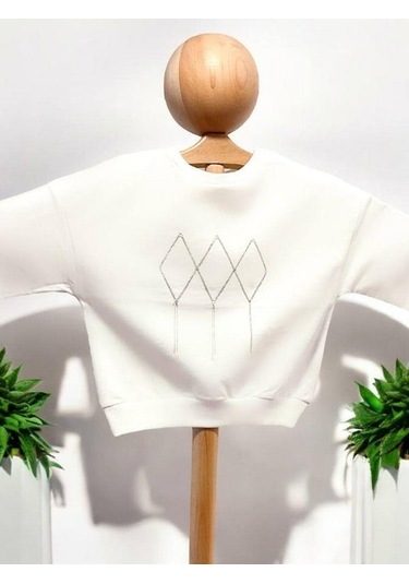 Kız Çocuk Mevsimlik Pamuklu İki İplik Zincirli Sweatshirt-15447 Ekru