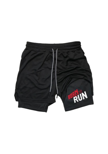 Hızlı Kuruyan 2 İn 1 Yetişkin Unisex Spor Born To Run Baskılı Taytlı Şort Fitness Gym Antrenman Halı Siyah