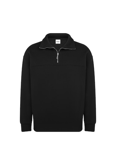 Classics Men Unisex Relax Fit Rahat Kesim Pamuklu Yarım Fermuarlı Dik Yaka Sweatshirt Siyah